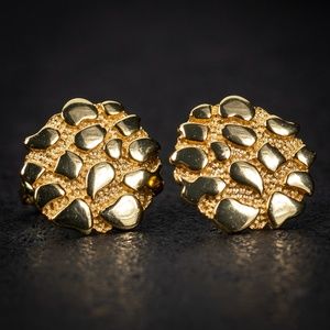 Mens Hip Hop Nugget Round Large 14K Gold Plated 925 Sterling Vermeil Stud Earrin